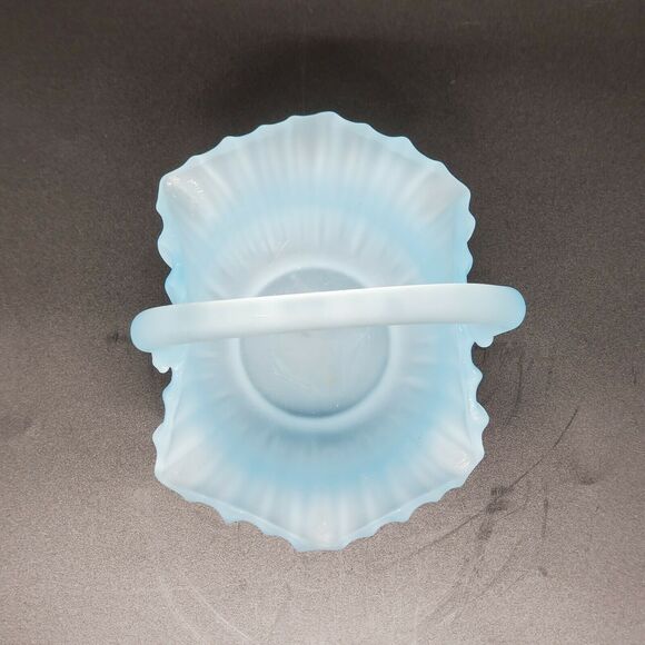 Vintage 7 Inch Tall Dusty Blue Satin Frosted Petal Glass Ribbed Basket EUC - Picture 8 of 8